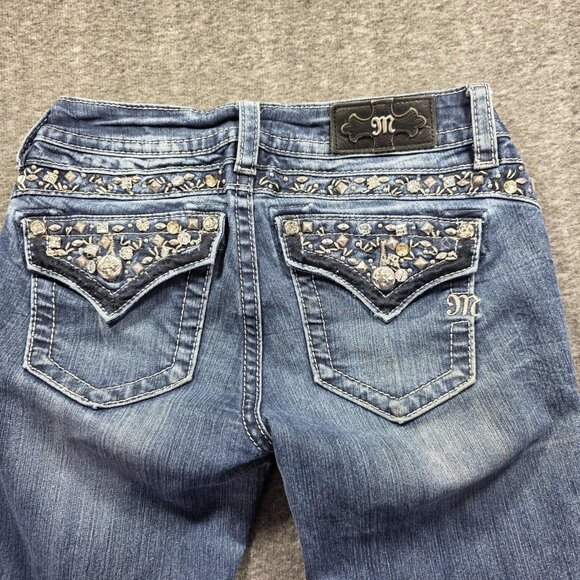 Miss Me Jeans Womens 26 Blue Mid-Rise Slim Boot Rhinestone Embellished Pockets - Picture 3 of 11